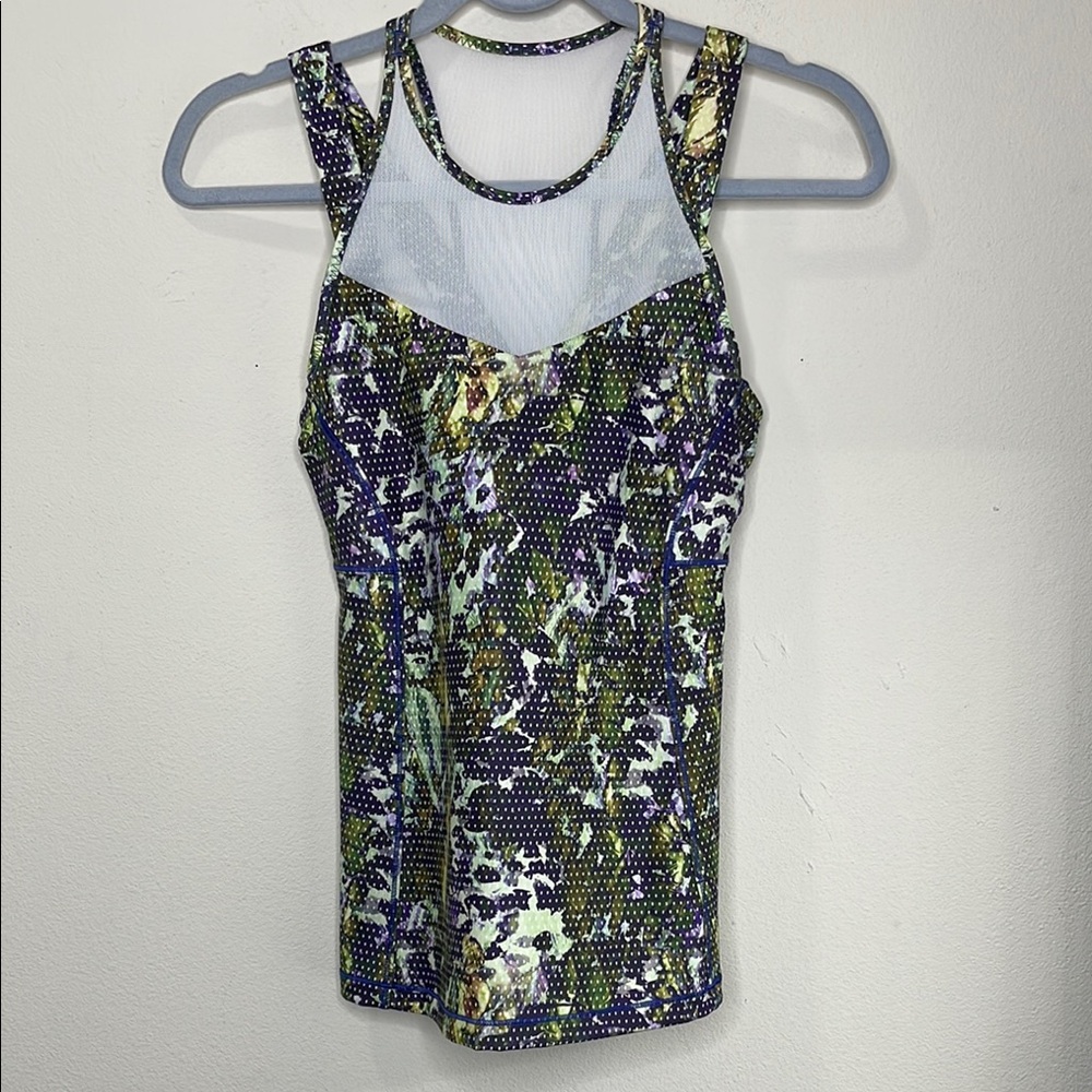 Lululemon Athletica Tank Top Womens Green Mesh Running the City Polka Floral